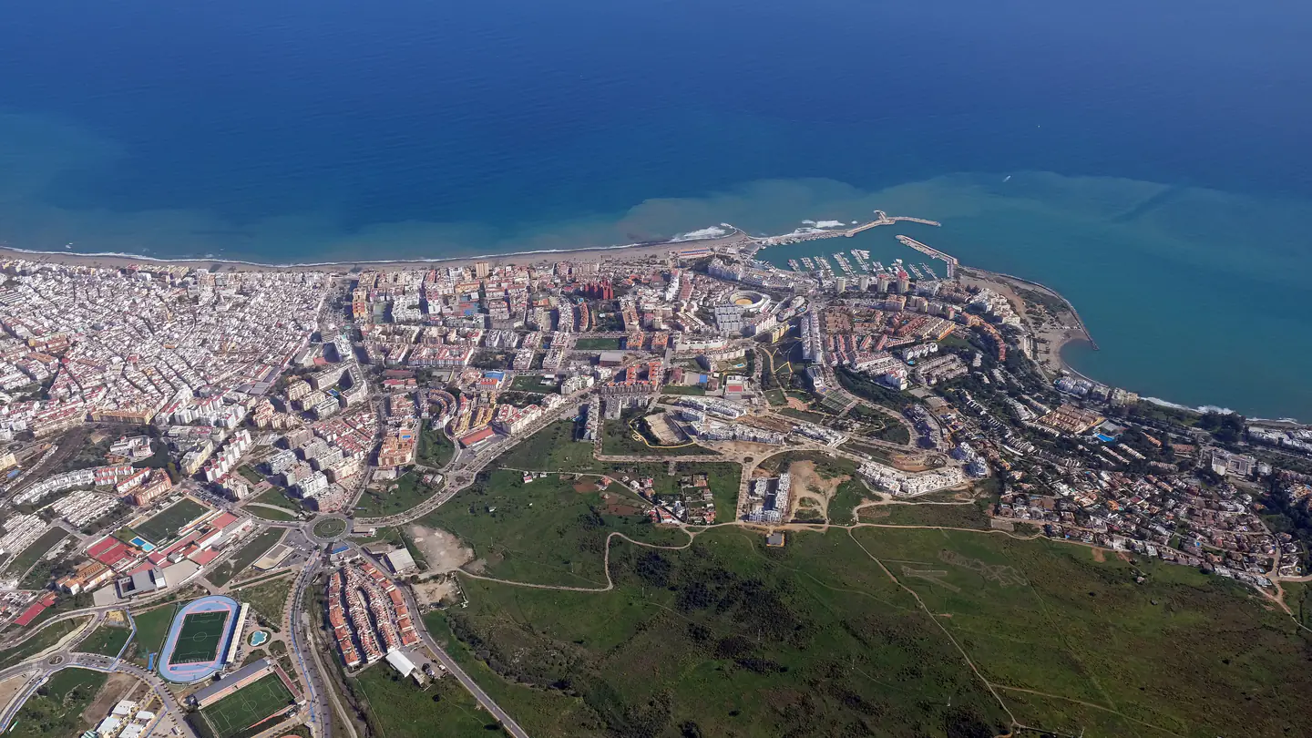Aerial view of Estepona, its marina and the sea